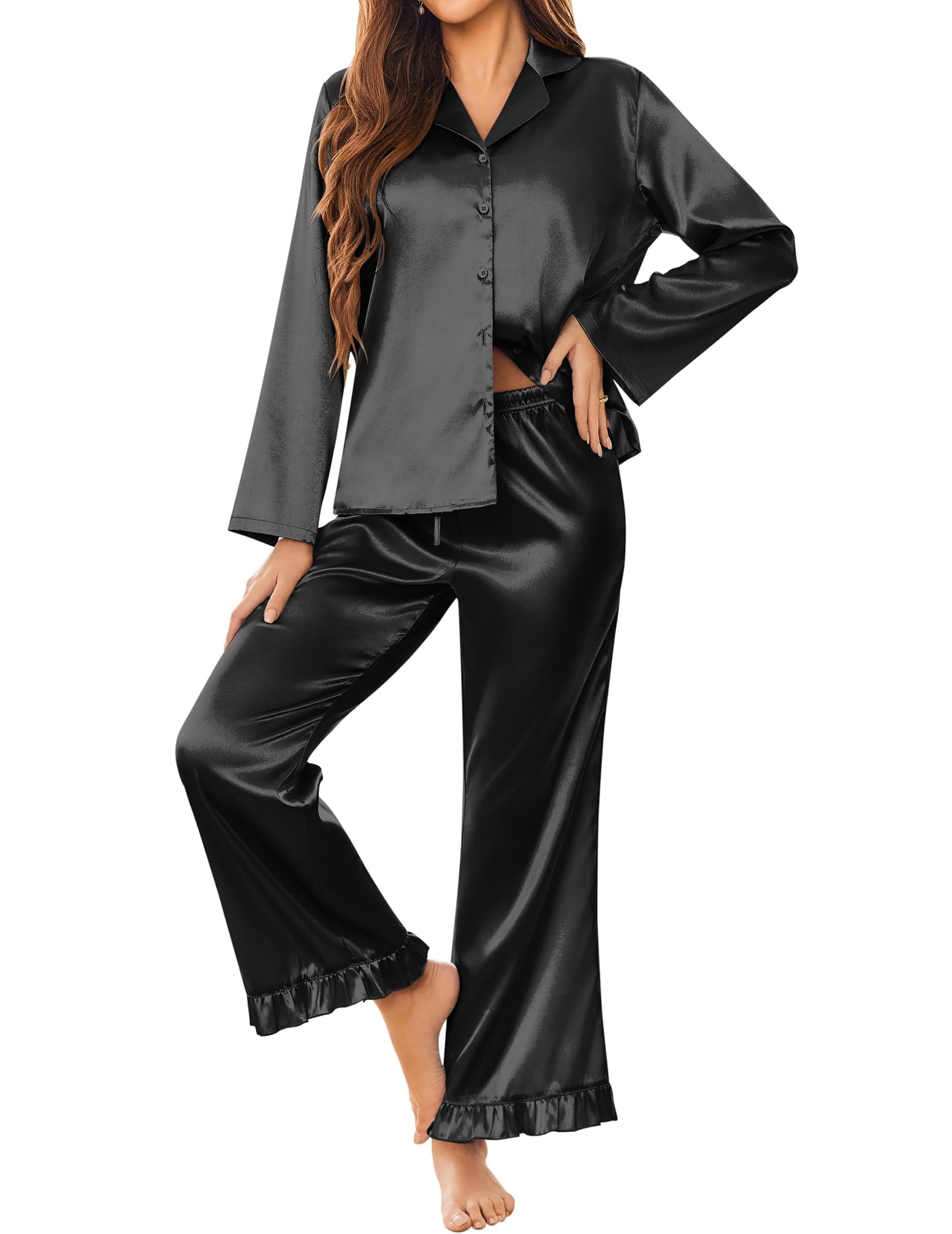Ekouaer Satin Pajama Set for Women Long Button Down Silk Pj with Ruffle