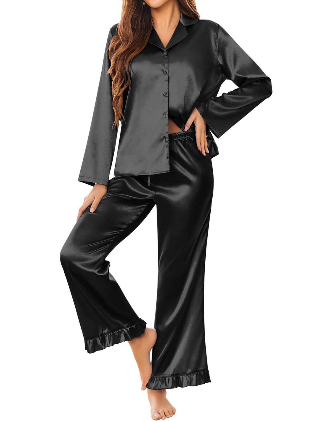Ekouaer Satin Pajama Set for Women Long Button Down Silk Pj with Ruffle