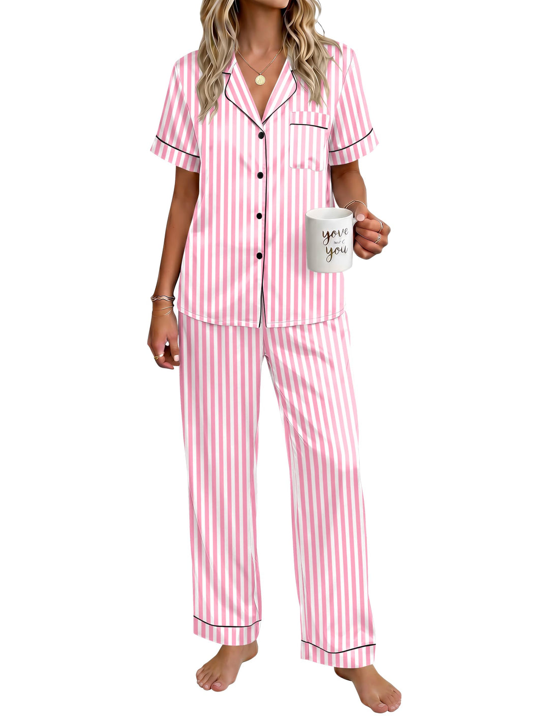 Ekouaer Womens Satin Pajama Set Silky Short Sleeve Button Down Pj Set