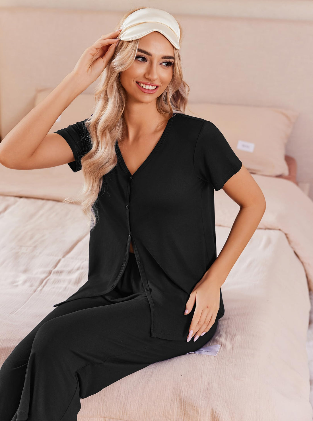 Ekouaer Women's Pajama Sets Short Sleeve Sleepwear Button Up Pj Loungewear Top and Capri Pants with Pockets