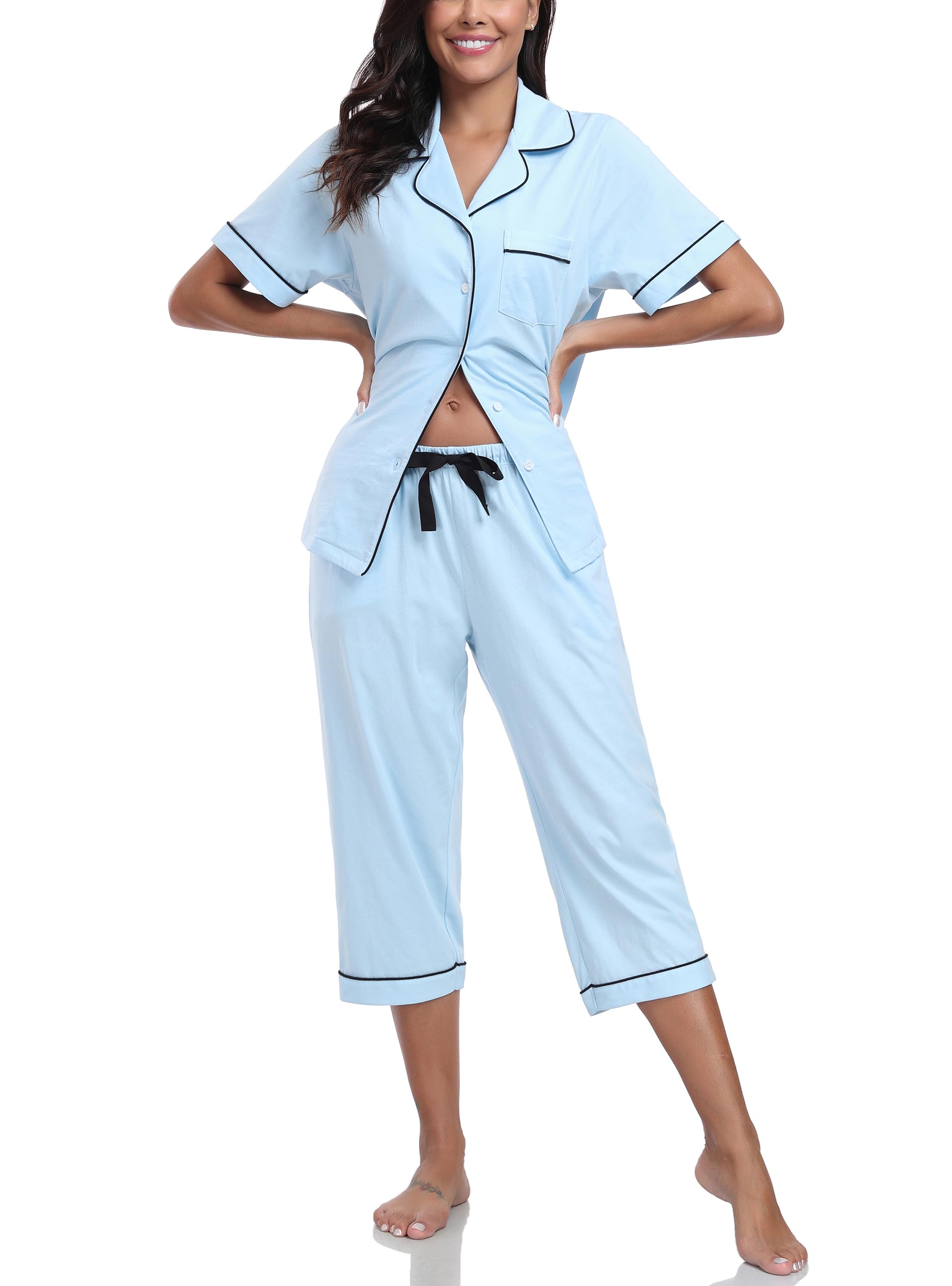 COLORFULLEAF 100% Cotton Women's Pajama Sets Short Sleeve Capri Pajamas for Women Set Button Down Pjs Soft Sleepwear Summer