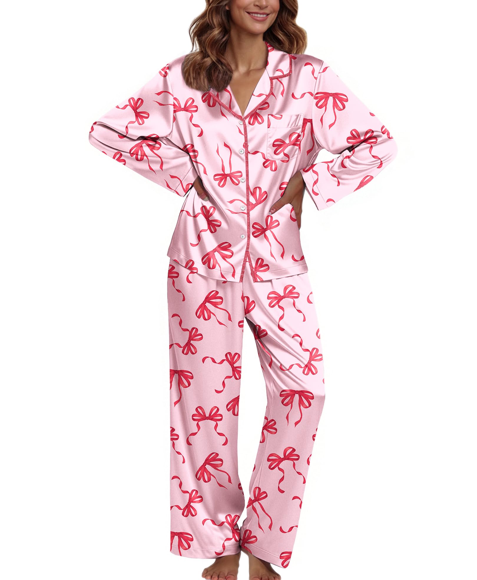 Ekouaer Pajamas For Women Silk Pjs Long Sleeve Button Down Lounge Sets