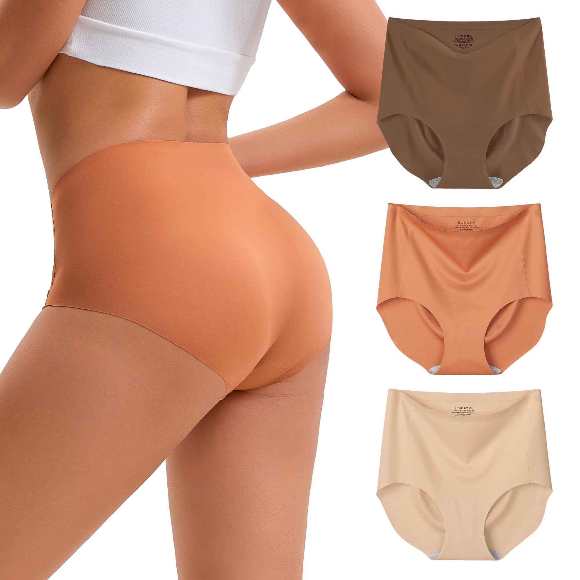 INNERSY Women's High Waist Seamless Underwear No Show Panties Full Coverage Briefs 3-Pack