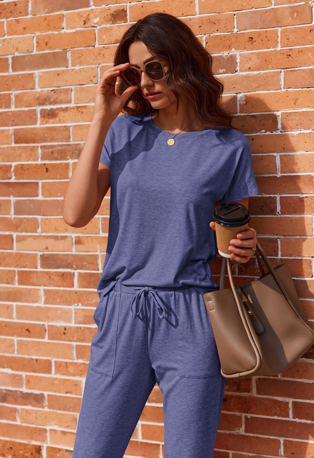 Ekouaer 2 Pack Womens Pajama Short Sleeve Jogger Pants Pjs Lounge Set