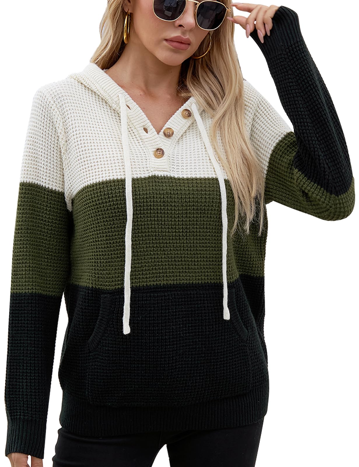 CiCiBird Women's Fall Hoodies Sweater V Neck Waffle Knit Top with Pocket | Loose Fit, V Neck Button, Adjustable Drawstring, Long Sleeve, Kangaroo Pocket, Weekend Errands, Daily Wear, Work Casual