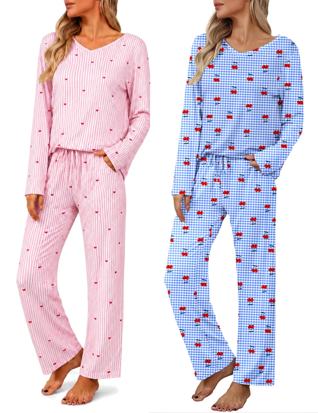 2 Pack: Women's Long Sleeve Pajama Sets - V Neck Top and Pants Lounge sets