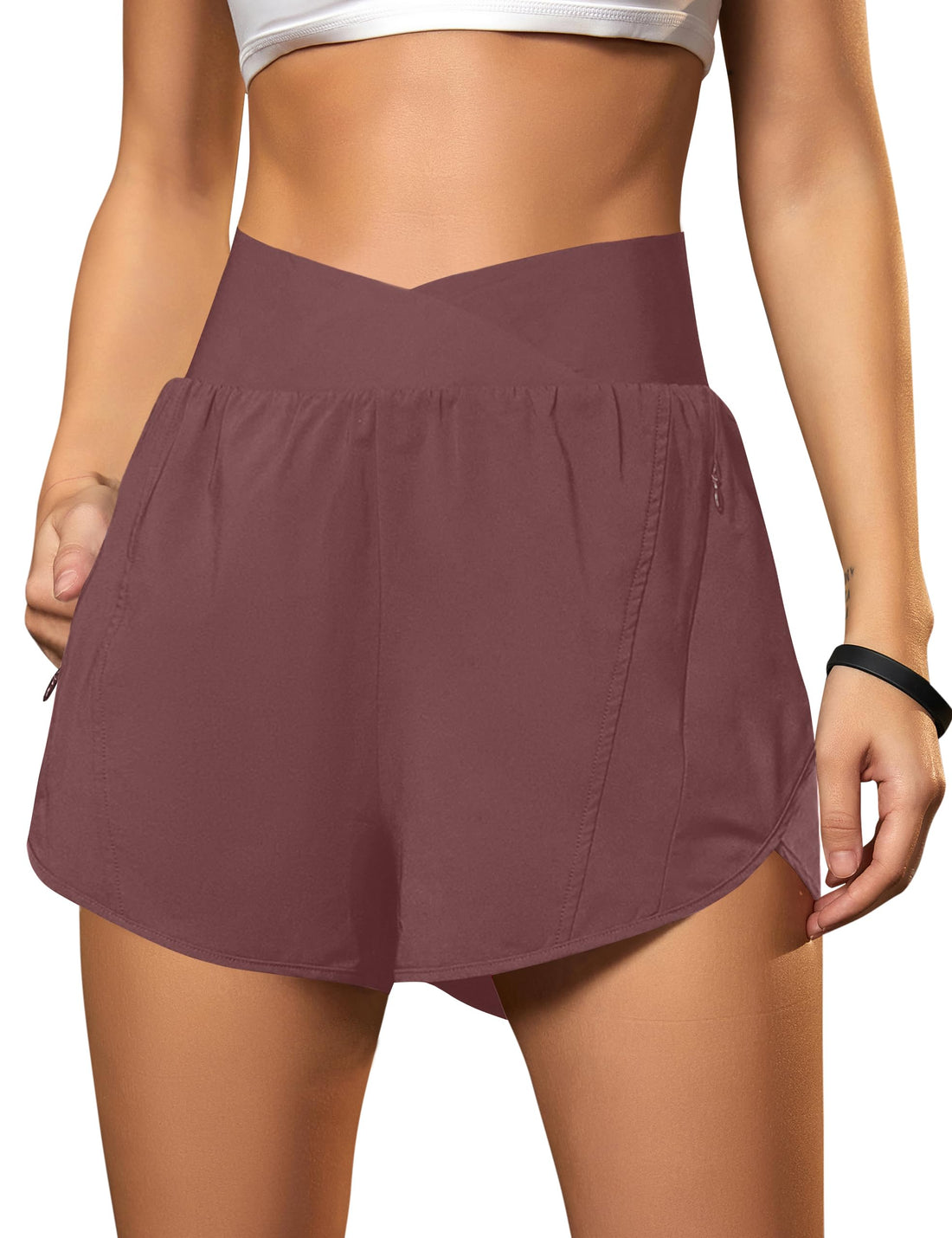 Blooming Jelly Women's Workout Shorts Athletic Running Shorts Crossover High Waisted Gym Shorts with Zipper Pockets