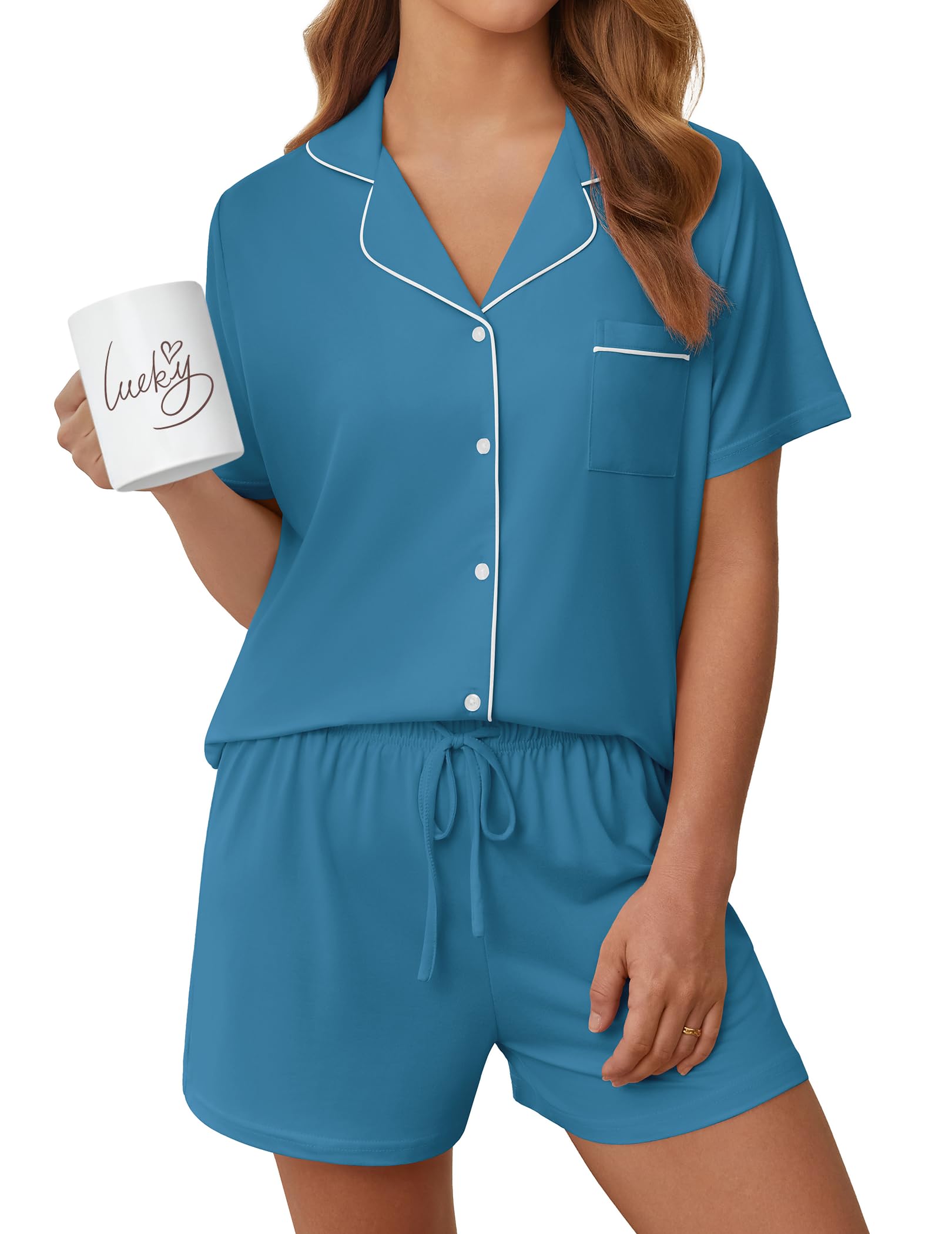 Womens Pajama Sets Summer Pjs Short Sleeve Button Down Top and Shorts Bride Sleepwear 2 Piece Comfy Lounge Set S-XXL