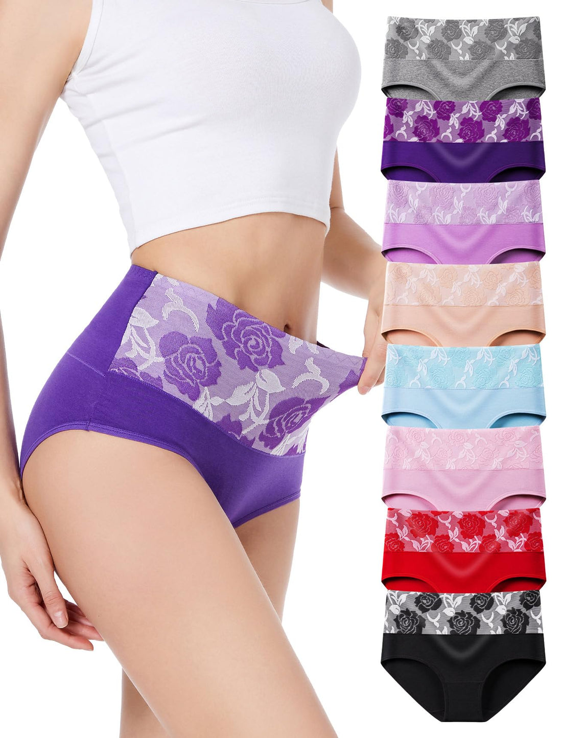 HAVVIS Women's Briefs Underwear Cotton High Waist Tummy Control Panties Rose Jacquard Ladies Panty Multipack
