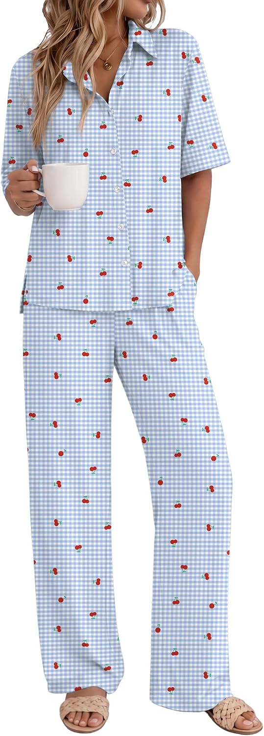 Ekouaer Pajamas for Women Set Button Up Short Sleeve Pjs with Long Pants