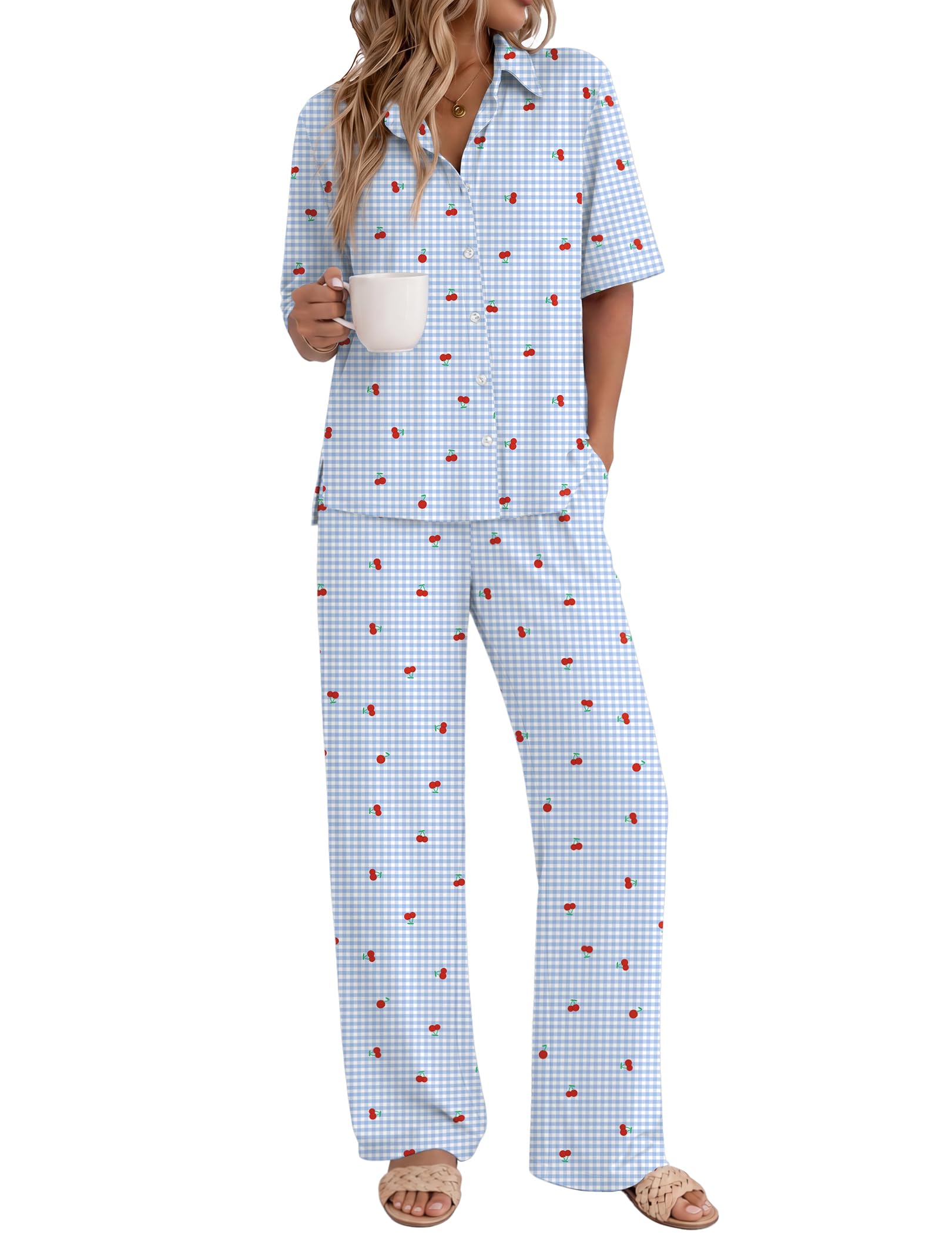 Ekouaer Pajamas for Women Set Button Up Short Sleeve Pjs with Long Pants