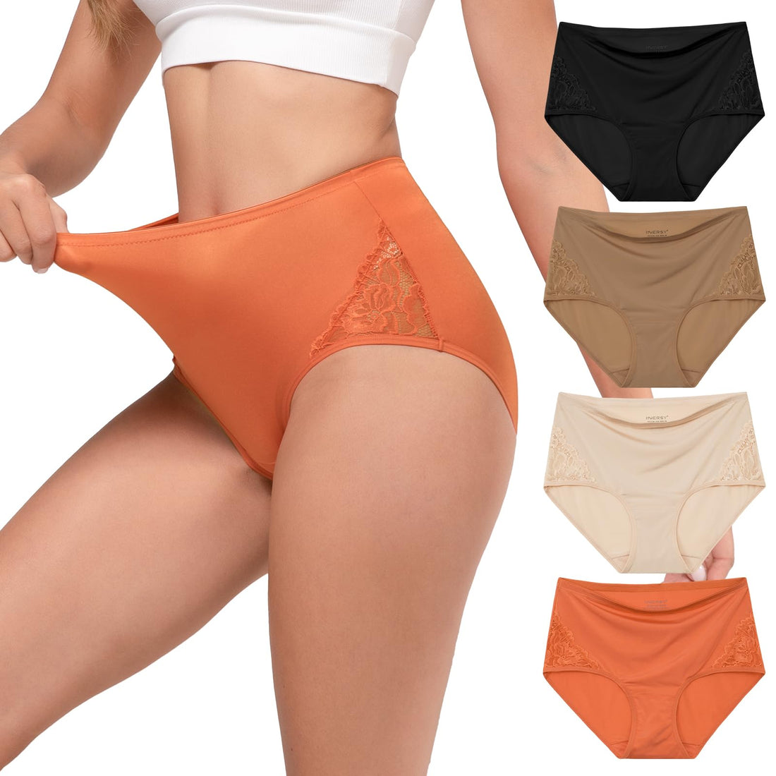 INNERSY Women's Lace Underwear Full Coverage Briefs 4 Pack | High Waisted Panties, Lightweight Stretch Nylon Blend, Quick-dry, Silky-Smooth, Breathable, Soft Cotton Crotch