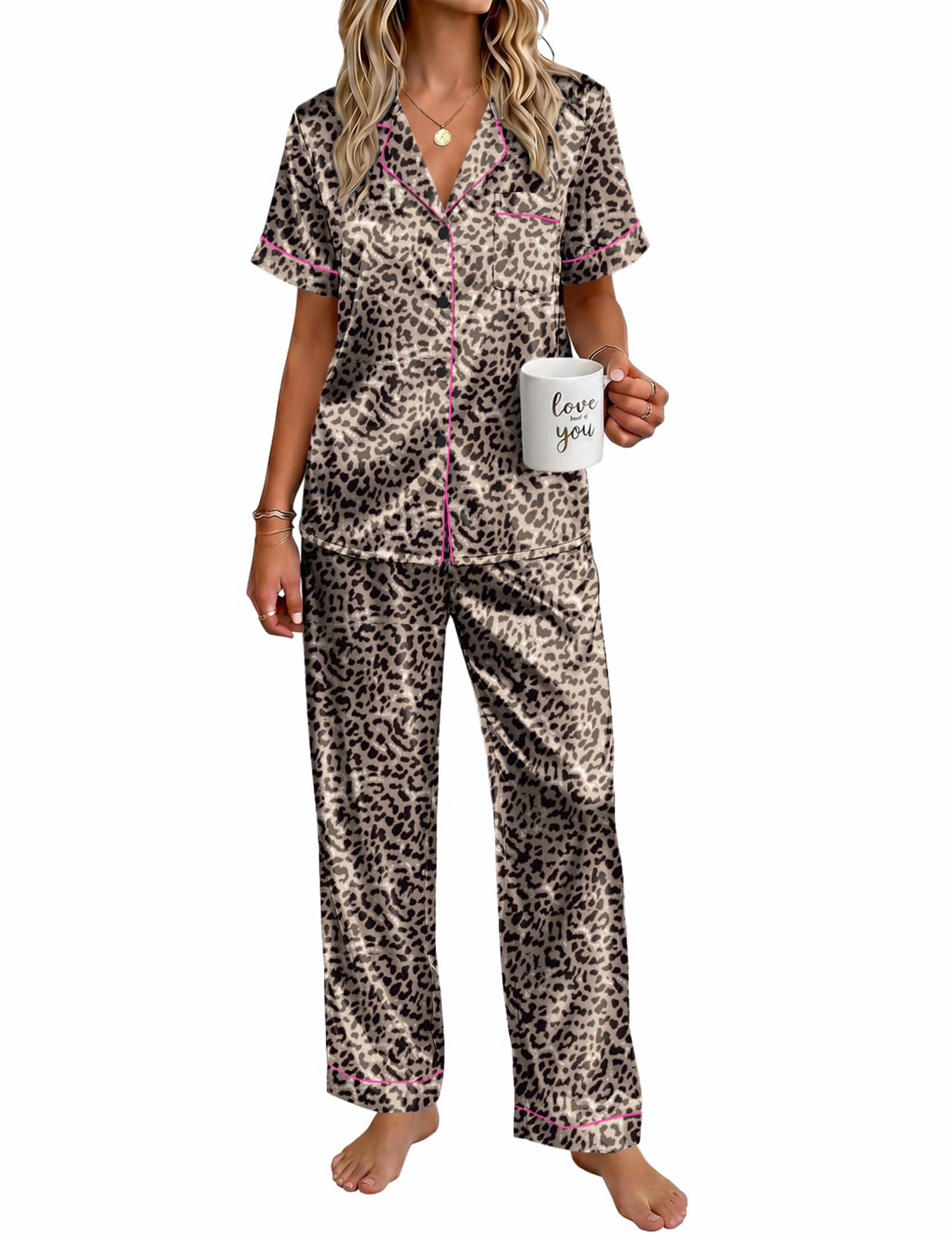 Ekouaer Womens Satin Pajama Set Silky Short Sleeve Button Down Pj Set