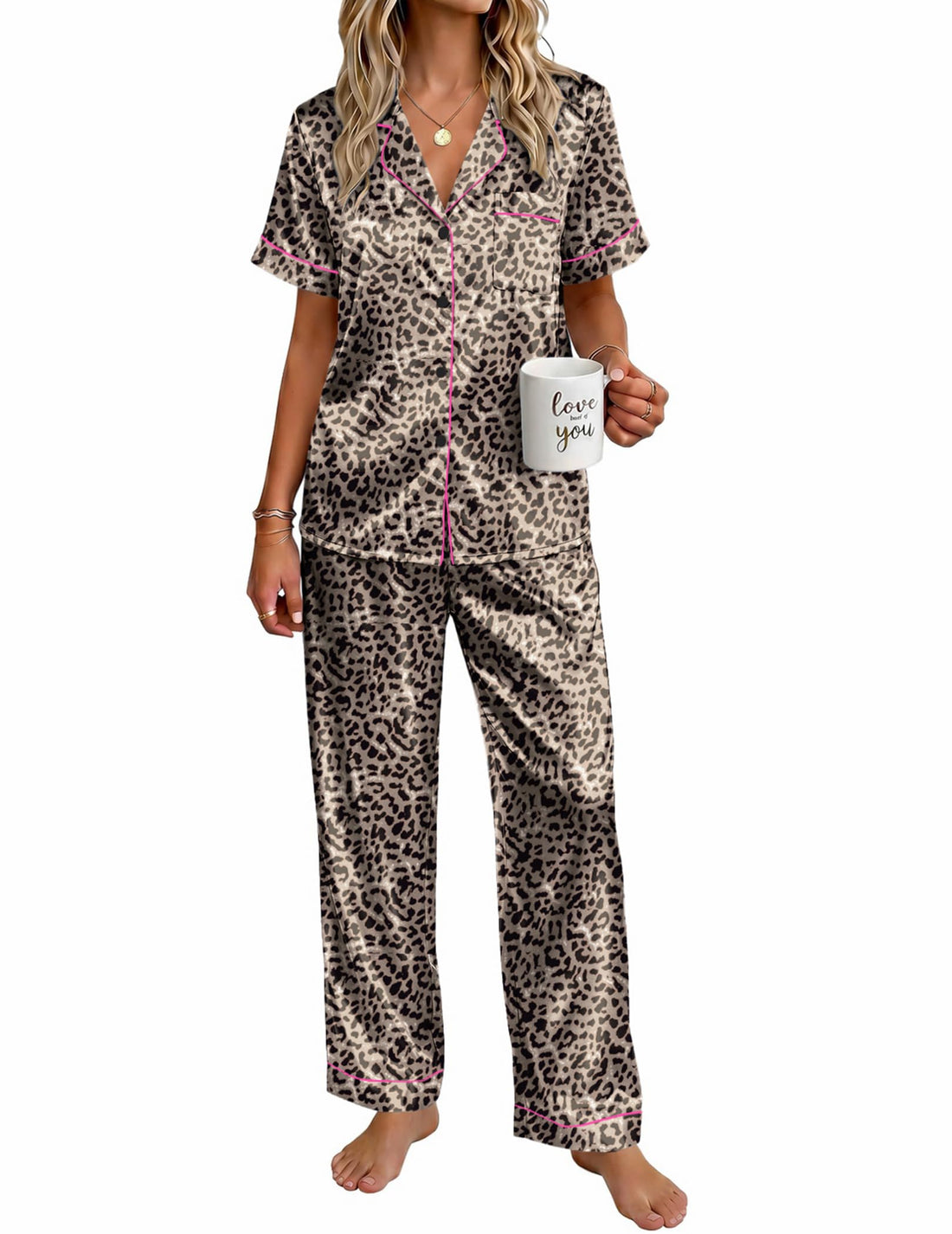 Ekouaer Womens Satin Pajama Set Silky Short Sleeve Button Down Pj Set