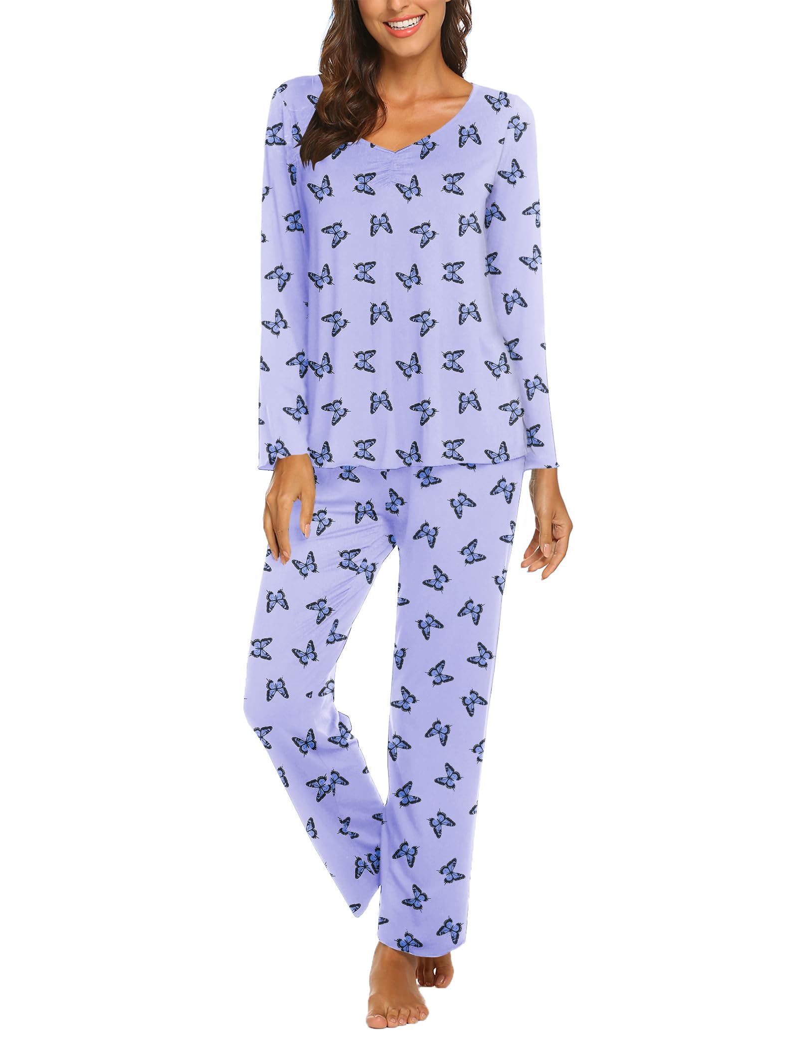 Ekouaer Pajamas for Women Set Long Sleeve Pleated Top and Pants Loungewear