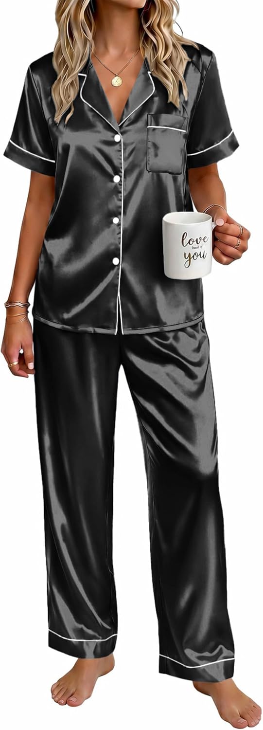 Ekouaer Womens Satin Pajama Set Silky Short Sleeve Button Down Pj Set