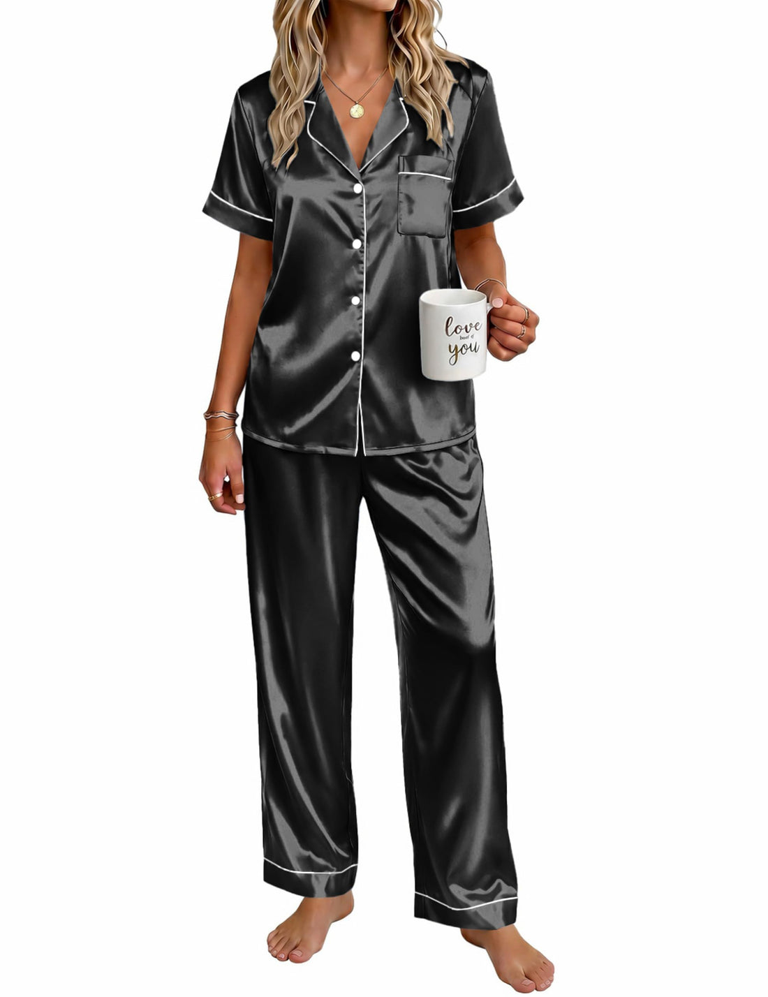 Ekouaer Womens Satin Pajama Set Silky Short Sleeve Button Down Pj Set