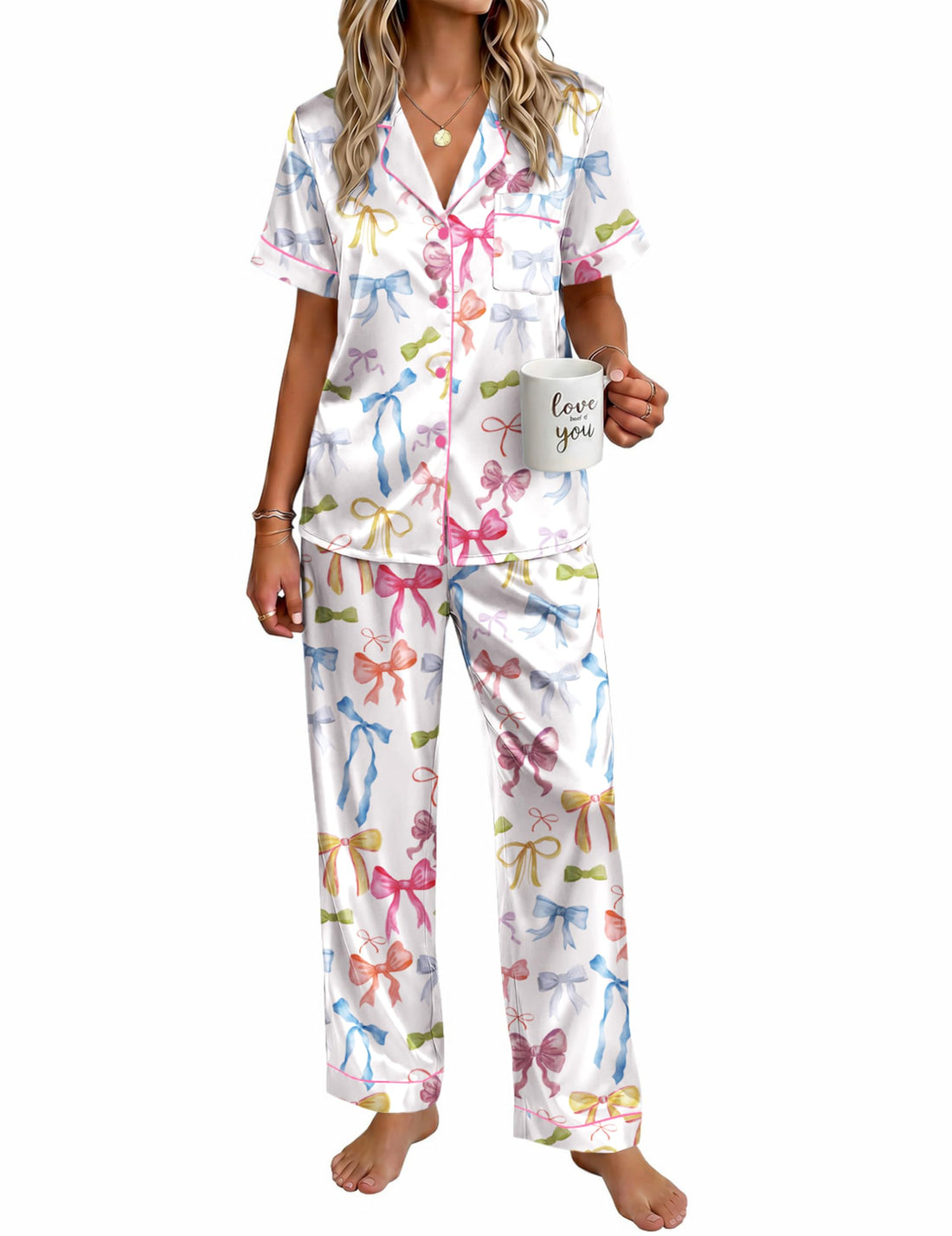 Ekouaer Womens Satin Pajama Set Silky Short Sleeve Button Down Pj Set