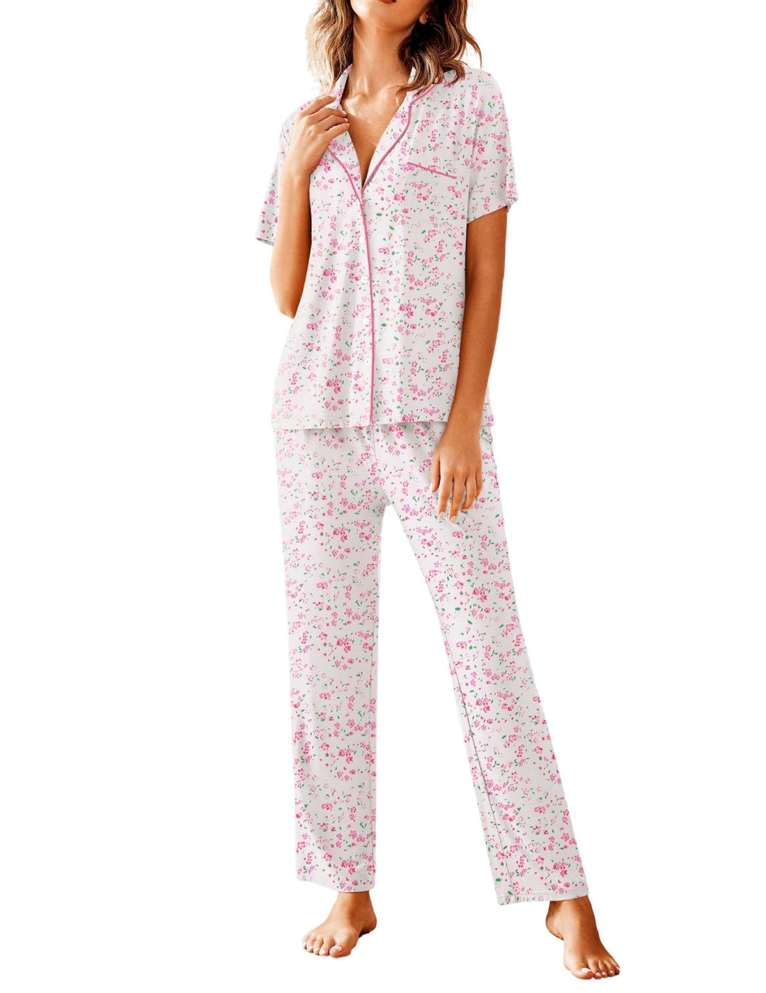 Avidlove Women Pajamas Set Notch Collar Soft Sleepwear Pjs Short Sleeve Button Down Nightwear with Long Pants