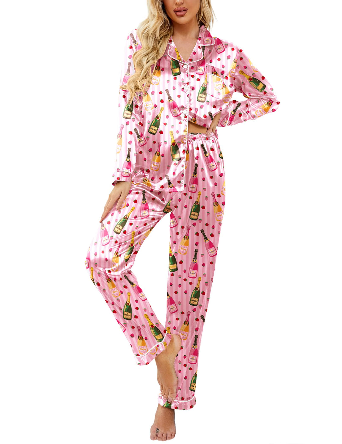 Ekouaer Women's Classic Button Down Long Satin Silk Pajama Set