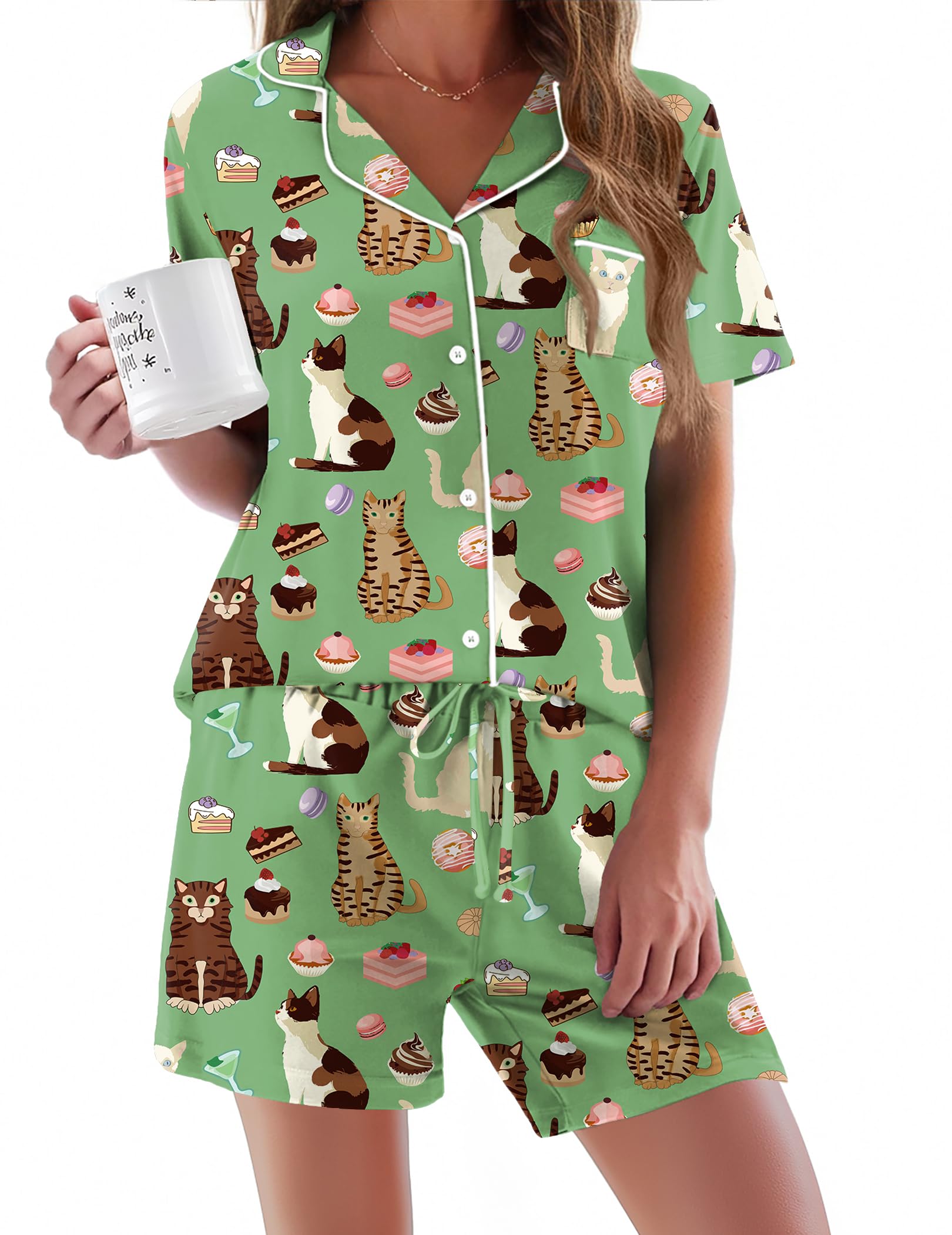 Ekouaer Pajamas Set for Women Short Sleeve Sleepwear Button Down Pj XS-XXXL