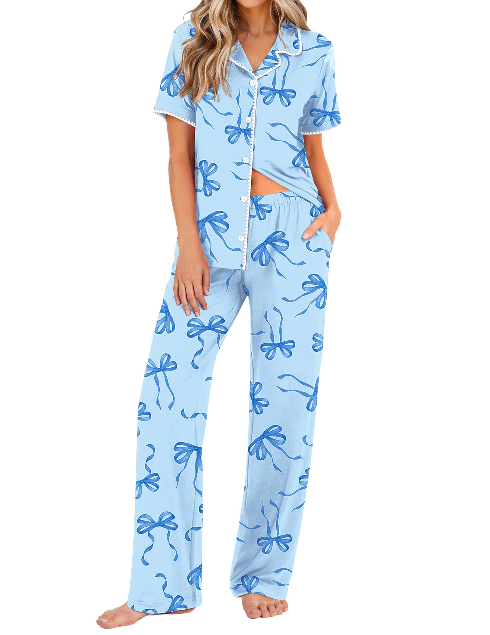 Ekouaer Womens Pajamas Set Button Down Loungewear Short Sleeve Pants Pjs