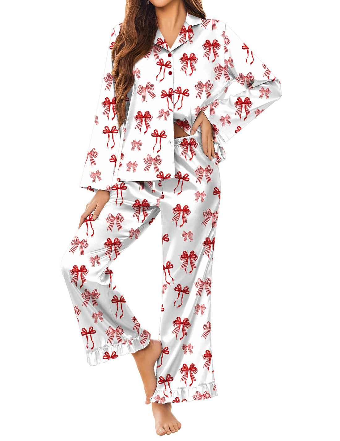 Ekouaer Satin Pajama Set for Women Long Button Down Silk Pj with Ruffle