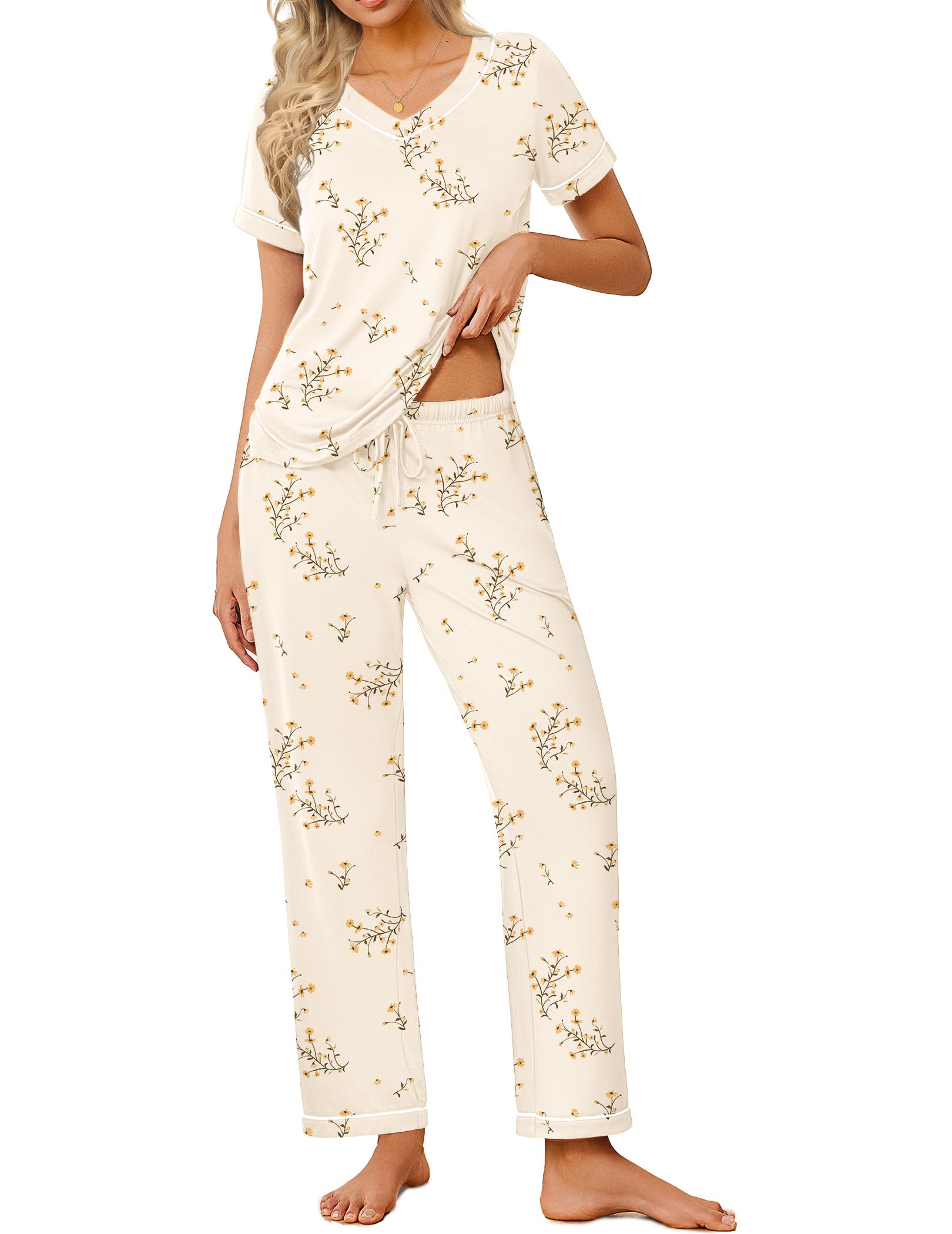 Ekouaer Pajamas for Women Set 2 Piece Lounge Set Soft Pajama Sets Short Sleeve and Pants Pj Sets Loose Sleepwear with Pockets