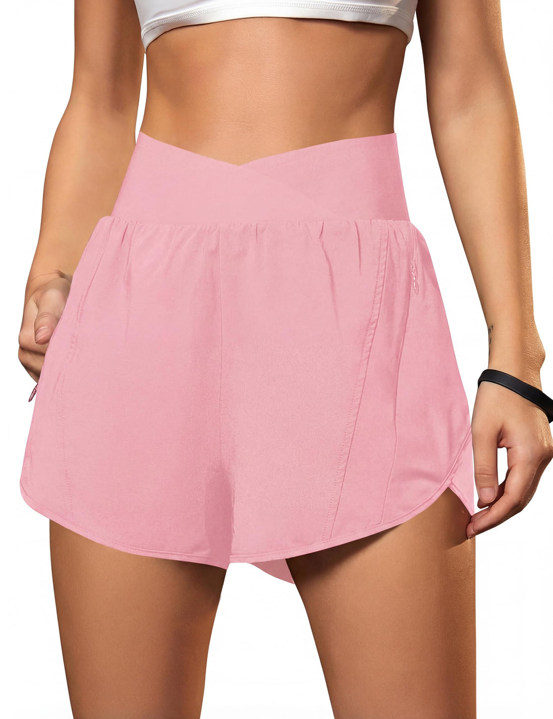 Blooming Jelly Women's Workout Shorts Athletic Running Shorts Crossover High Waisted Gym Shorts with Zipper Pockets