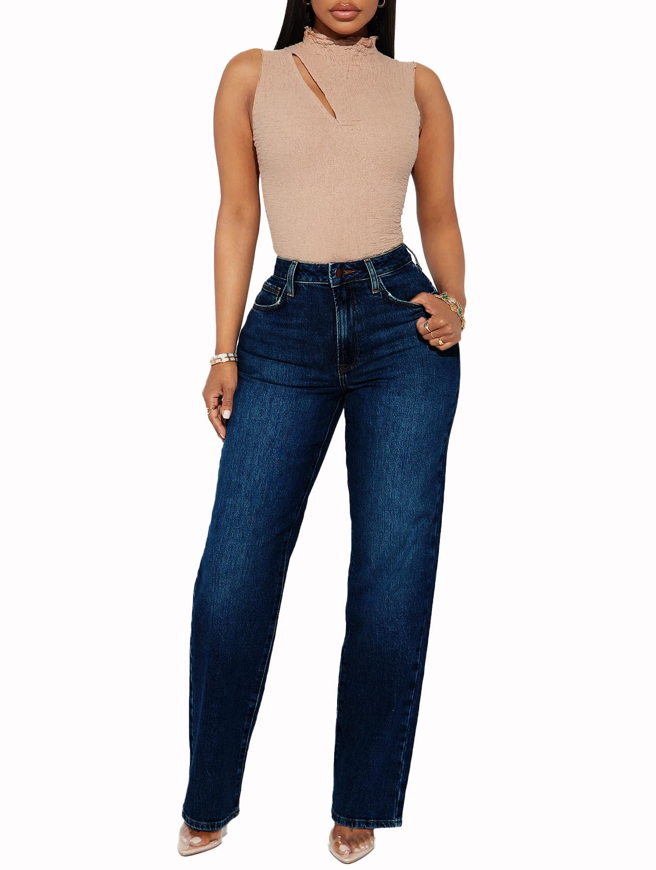BessCops Straight Leg Jeans for Women High Waisted Wide Leg Stretchy Loose Denim Pants
