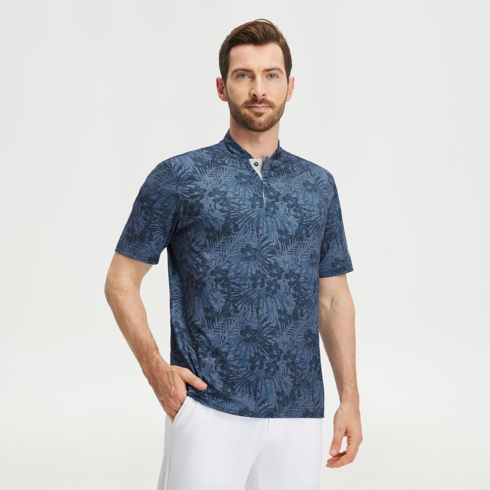 M MAELREG Golf Shirts for Men Collarless Performance Dry Fit Stretch Henley Casual Printed Mens Polo Shirts Short Sleeve