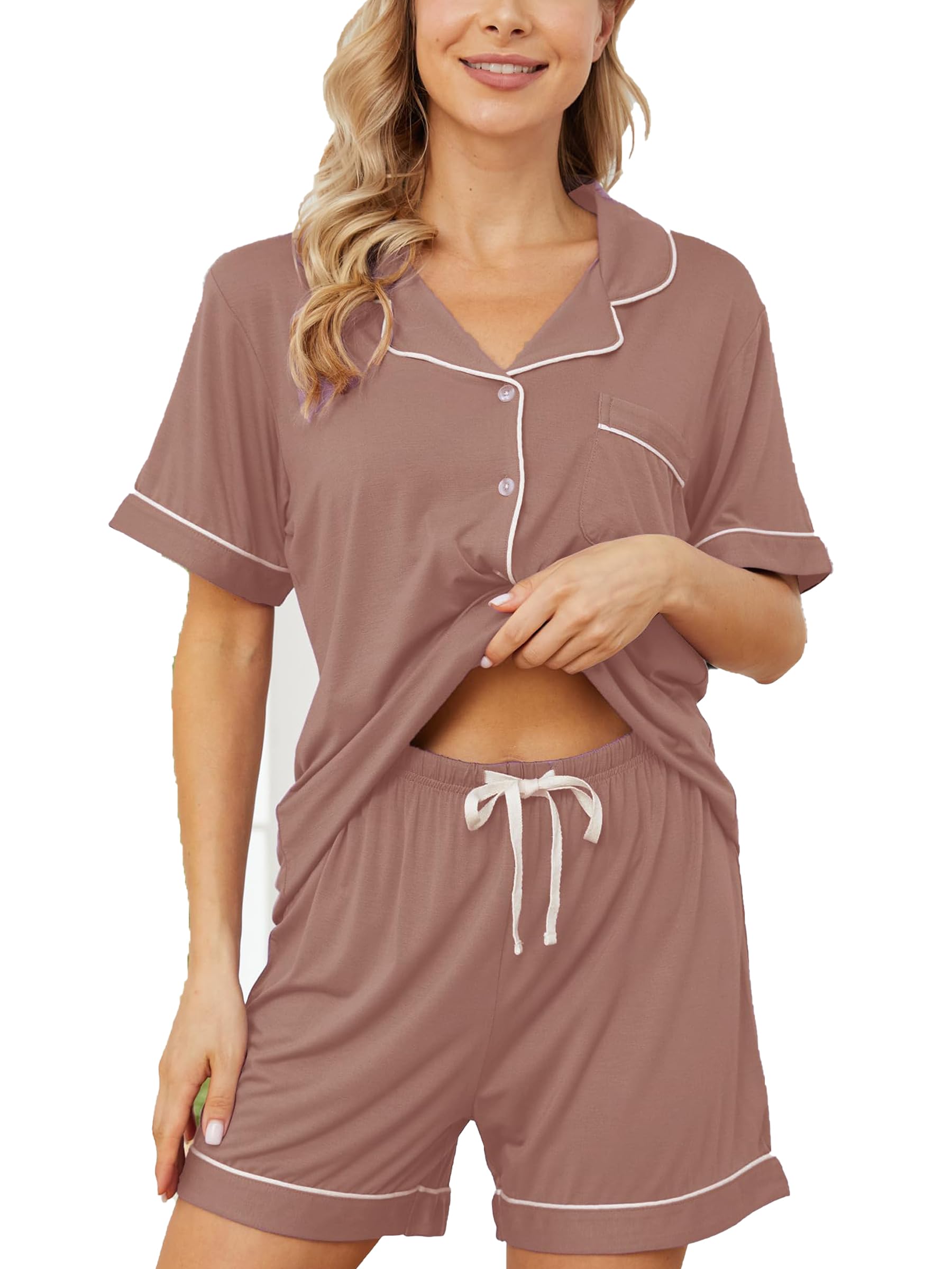 Womens Pajama Sets Short Sleeve Sleepwear Soft Button Down Nightwear Lounge Pj Set XS-XXL
