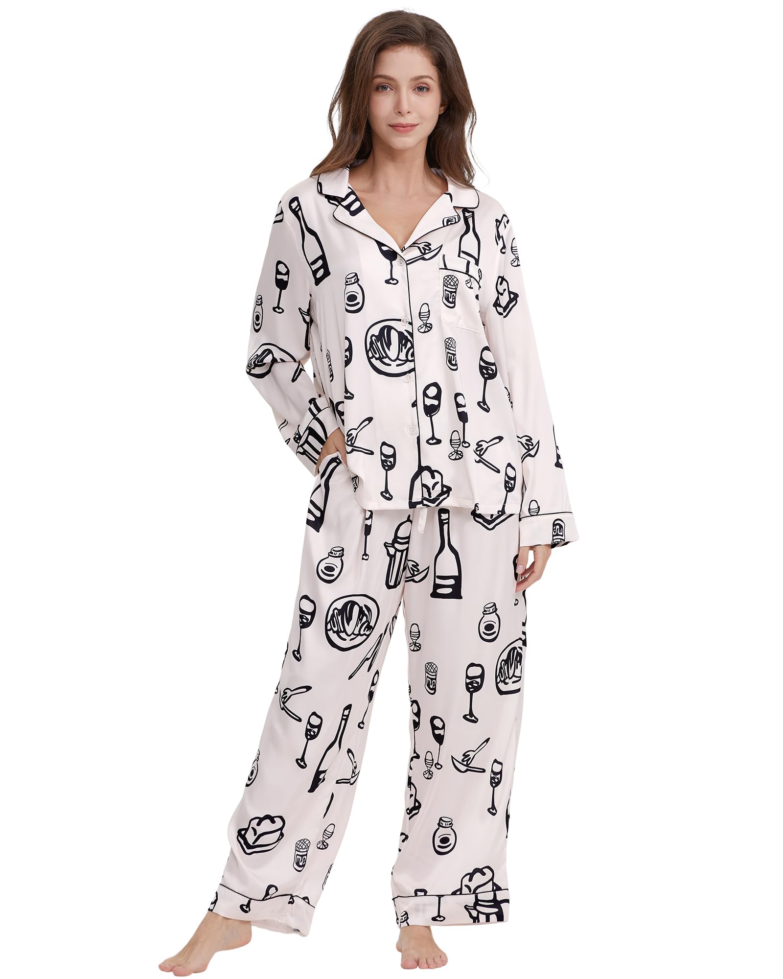 YiNi LuLu Womens Silk Satin Pajamas Set Button Down 2 Piece Pjs Long Sleeve Oversized Sleepwear with Pockets