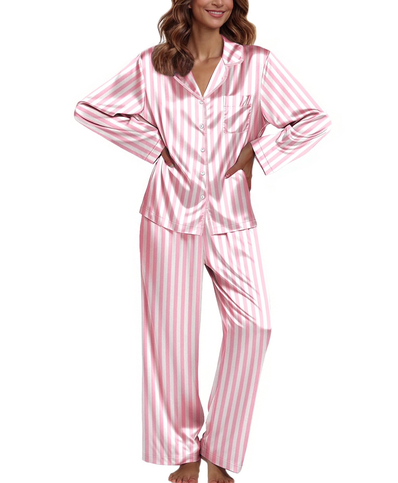 Ekouaer Pajamas For Women Silk Pjs Long Sleeve Button Down Lounge Sets
