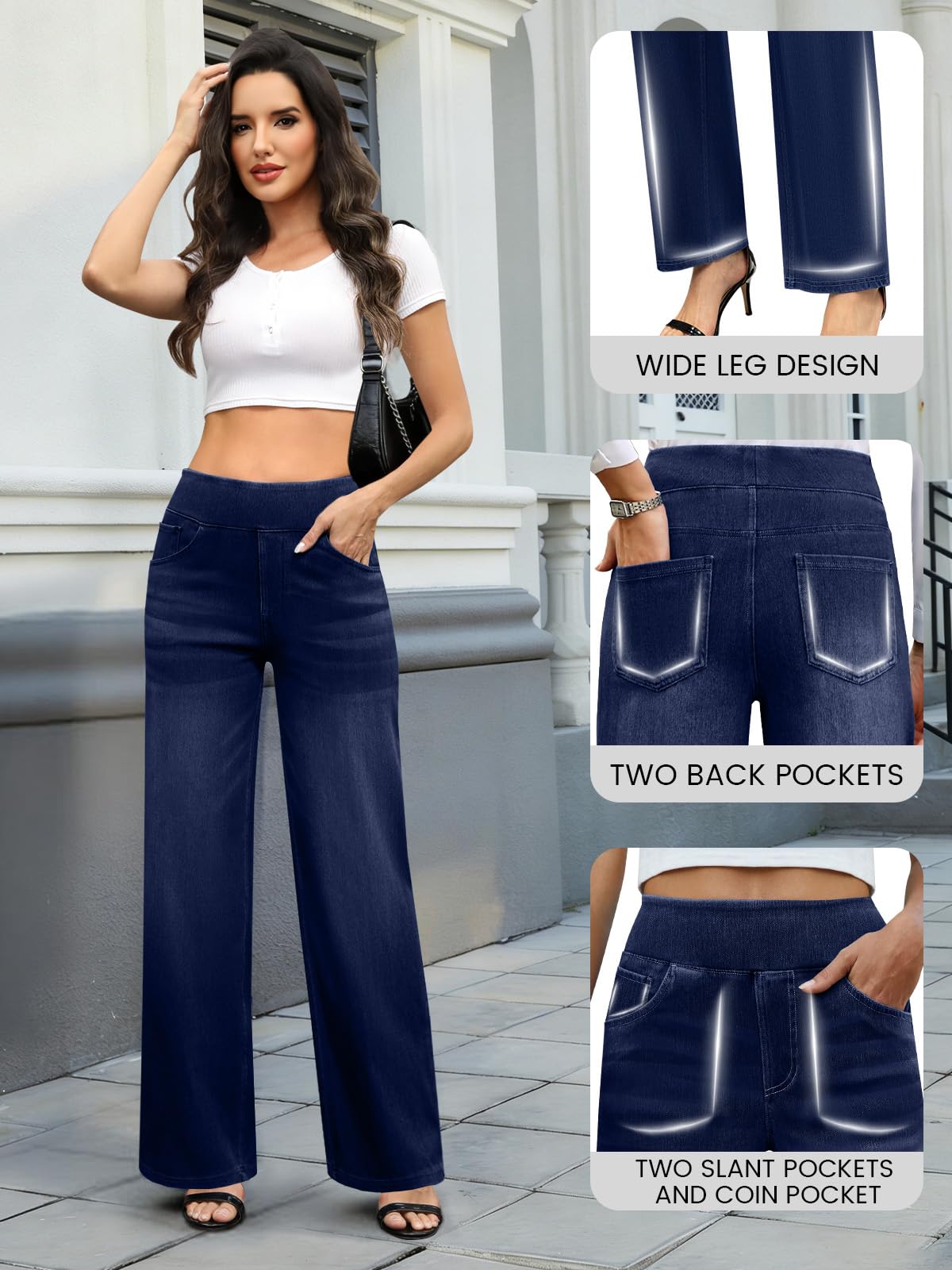 COPYLEAF Wide Leg Jeans Woman High Waisted Stretchy Baggy Sweatpant Jeans Pull On Straight Leg Loose Trendy Denim Pants