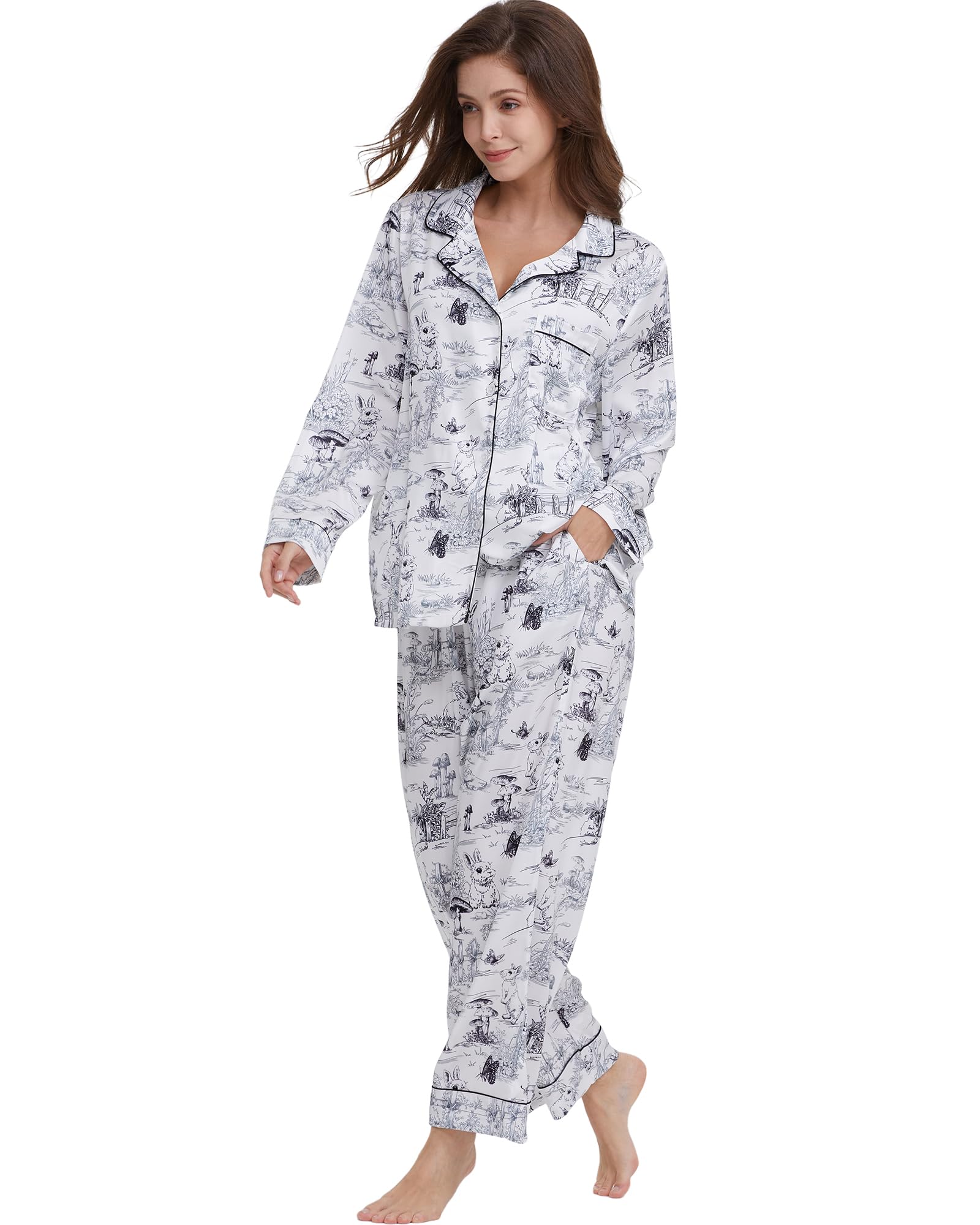 YiNi LuLu Womens Silk Satin Pajamas Set Button Down 2 Piece Pjs Long Sleeve Oversized Sleepwear with Pockets