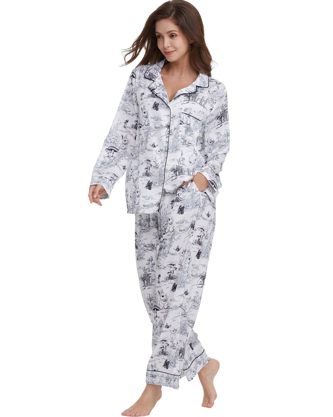 YiNi LuLu Womens Silk Satin Pajamas Set Button Down 2 Piece Pjs Long Sleeve Oversized Sleepwear with Pockets