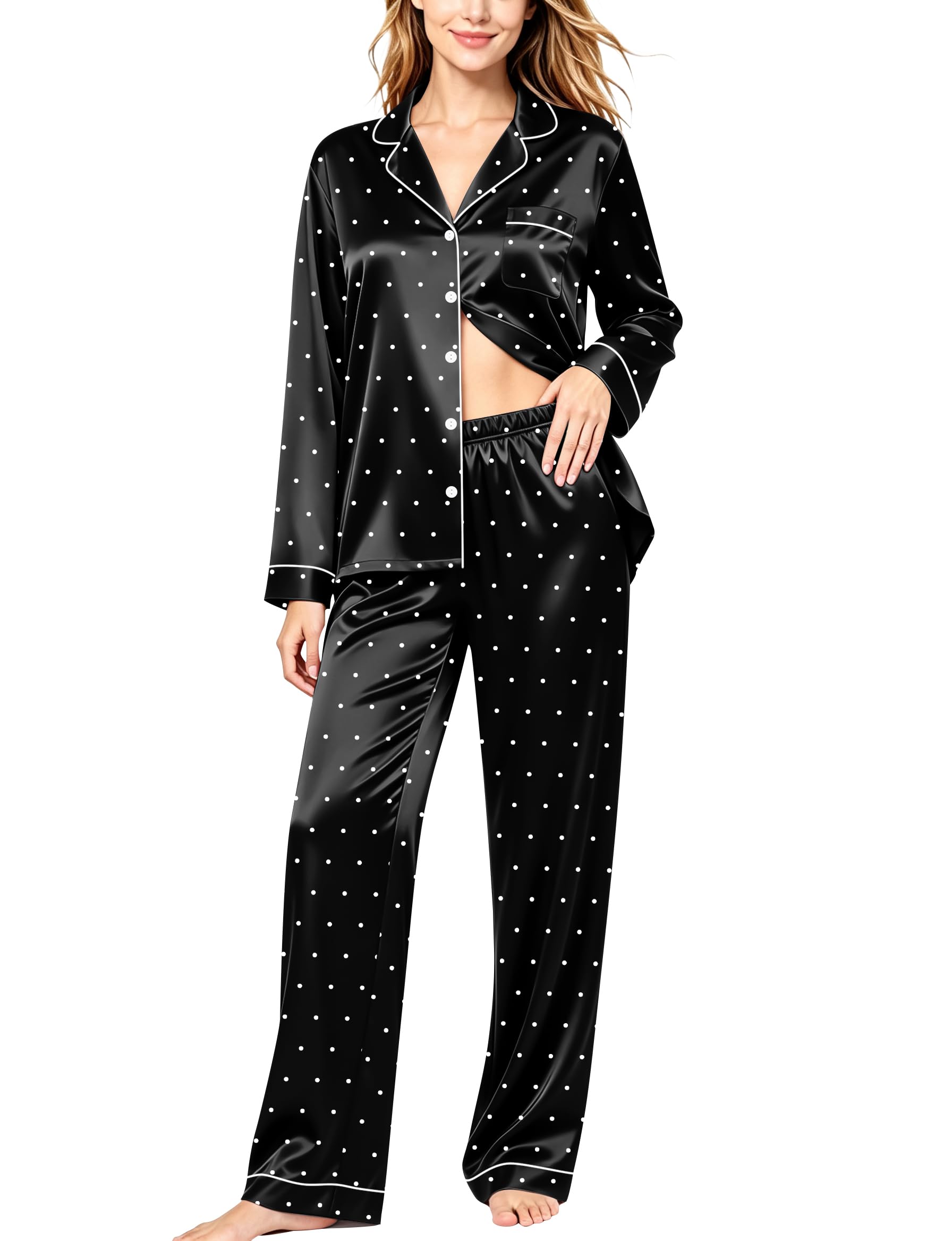 SWOMOG Womens Silk Satin Pajamas Set Long Sleeve Button Down Sleepwear 2 Piece Lounge Set Pj Set XS-3XL