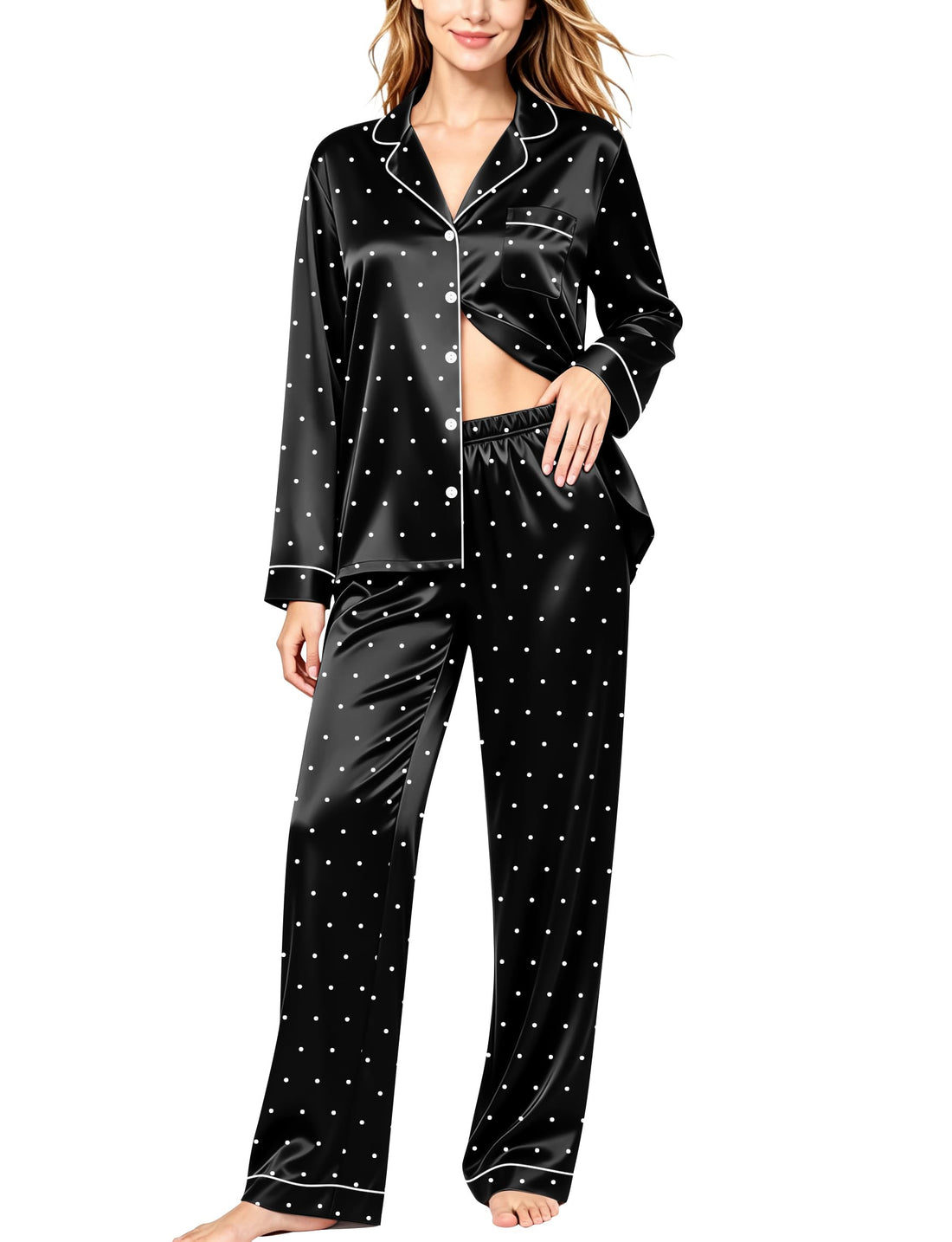 SWOMOG Womens Silk Satin Pajamas Set Long Sleeve Button Down Sleepwear 2 Piece Lounge Set Pj Set XS-3XL