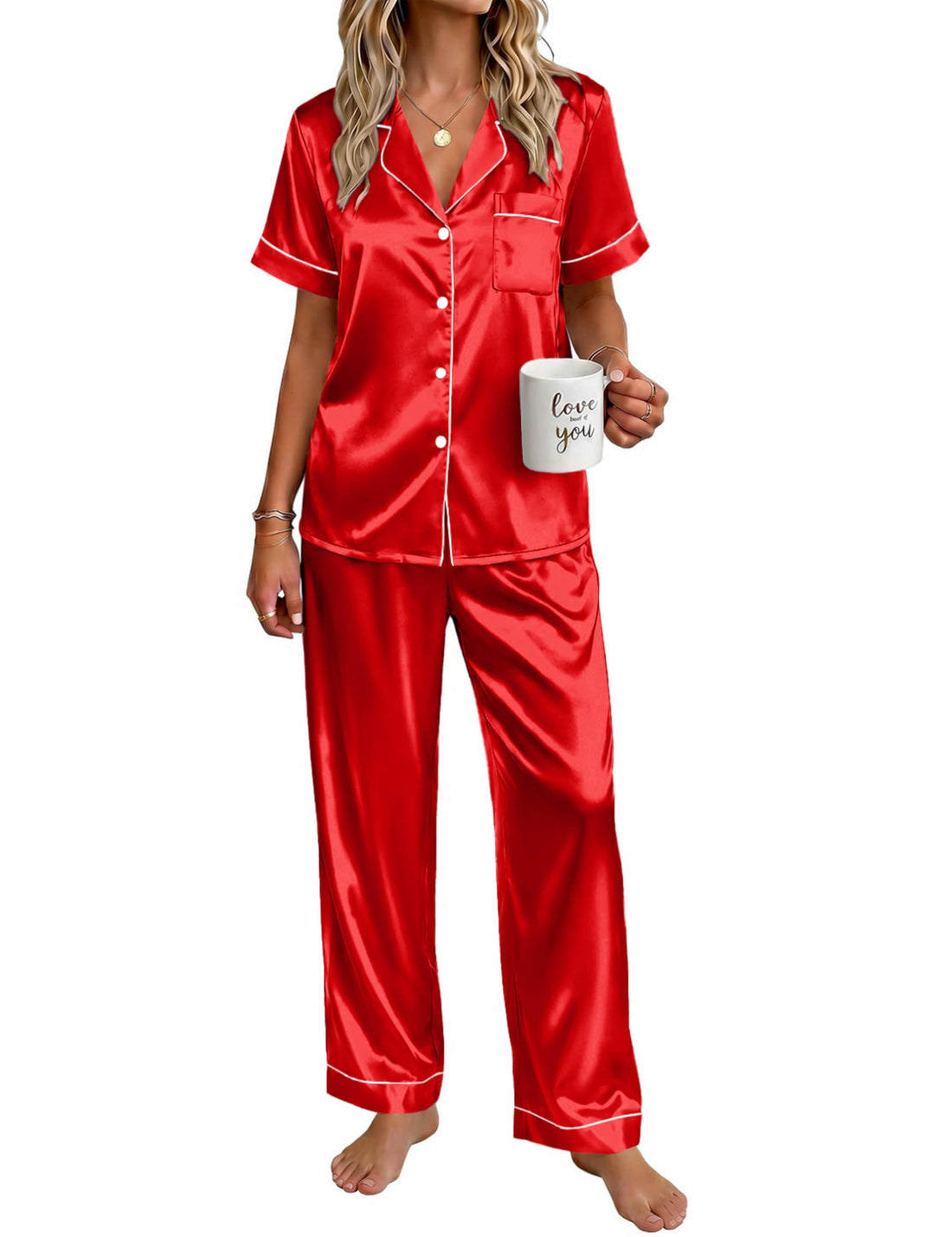 Ekouaer Womens Satin Pajama Set Silky Short Sleeve Button Down Pj Set