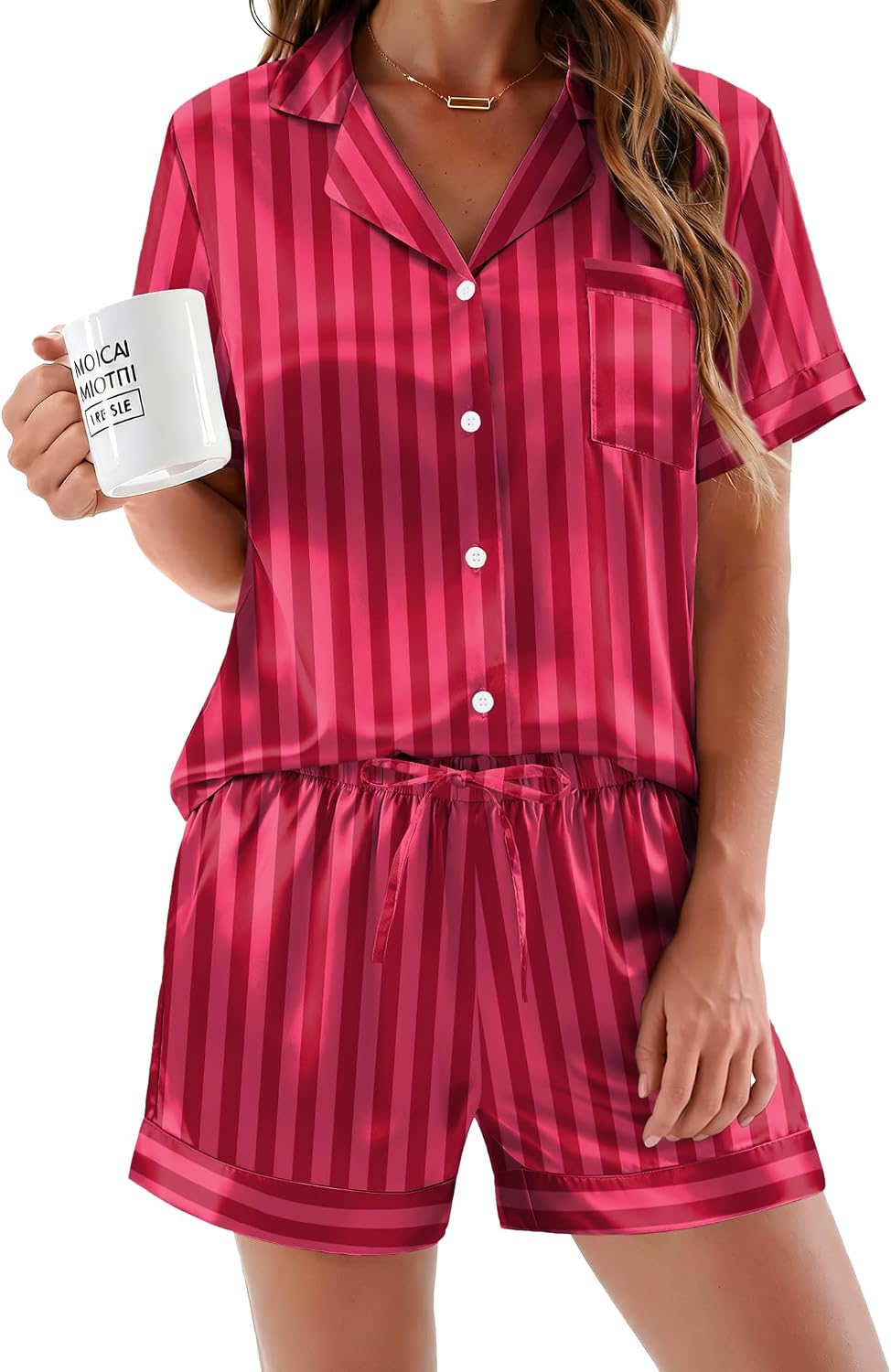 Ekouaer Silk Pajamas for Women Button Up 2 Piece Satin Pjs Shorts Set