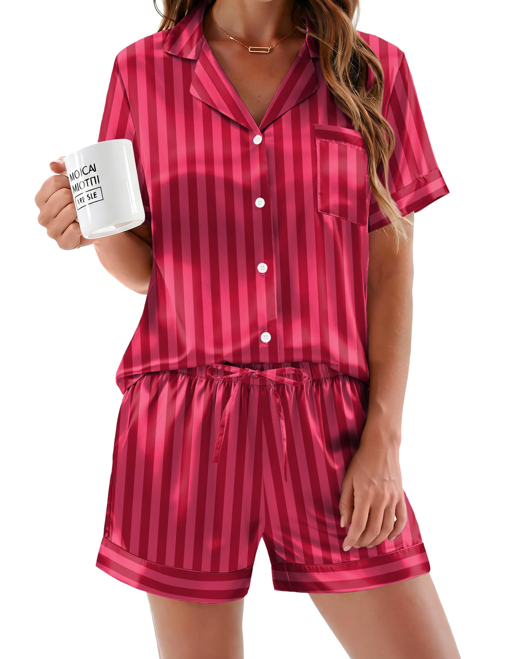 Ekouaer Silk Pajamas for Women Button Up 2 Piece Satin Pjs Shorts Set