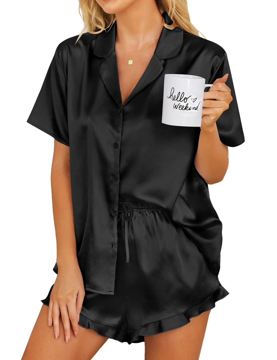 Ekouaer Womens Satin Pajamas Set Button Down 2 Piece Silk Pjs Shorts Set Ruffle Lingerie Notch Collar Sleepwear