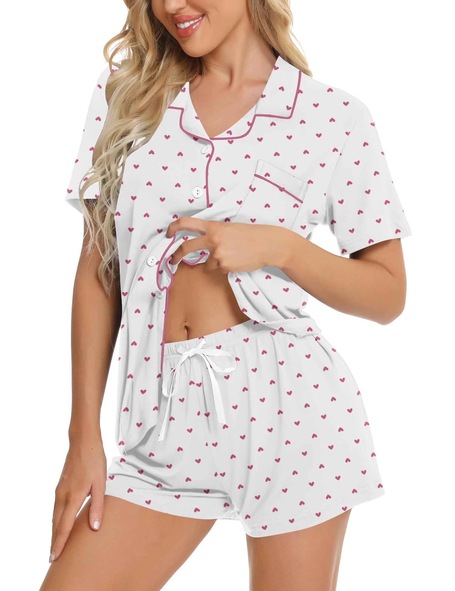 SWOMOG Womens Button Down Pajamas Set Short Sleeve Sleepwear Bride Soft Pj Lounge Sets XS-3XL