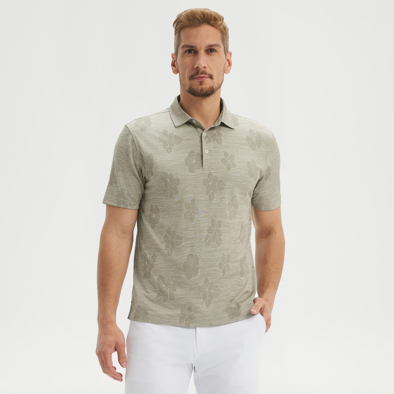 M MAELREG Short Sleeve Golf Shirts for Men Moisture Wicking Performance Lightweight Jacquard 3 Button Polo Shirts for Men
