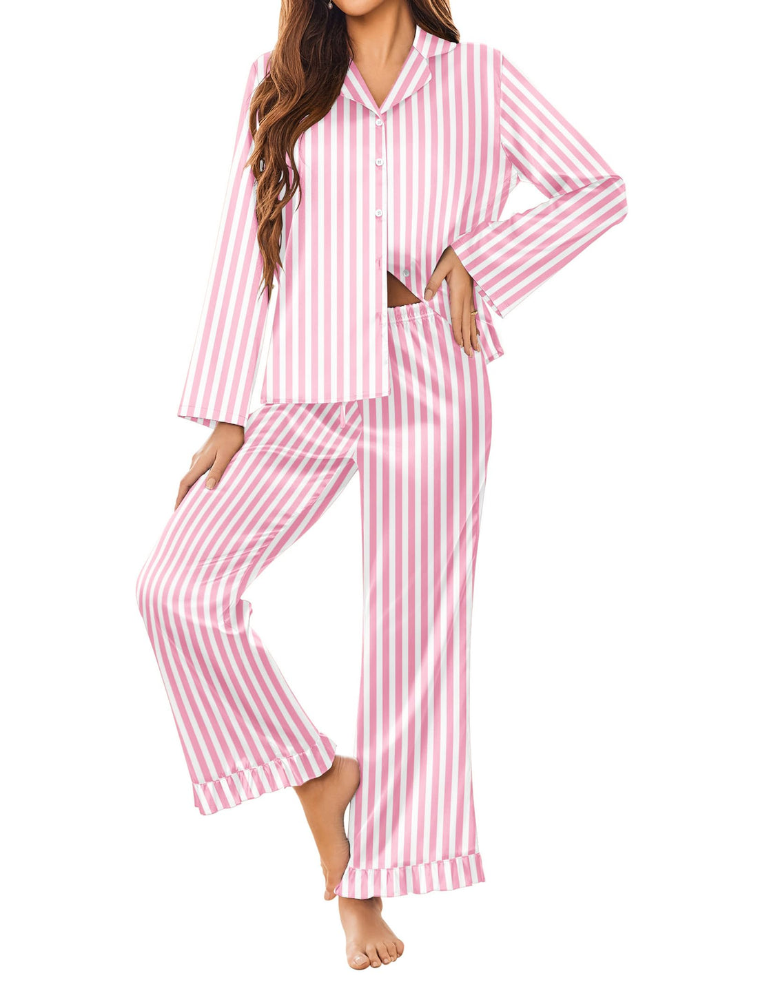 Ekouaer Satin Pajama Set for Women Long Button Down Silk Pj with Ruffle