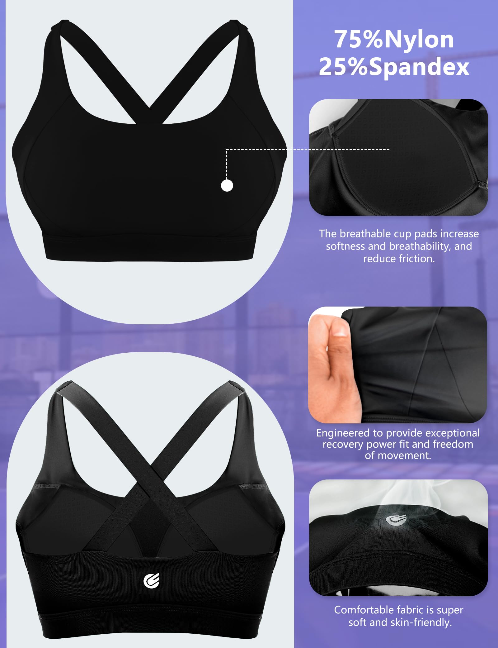 Cordaw Pickleball Sports Bras for Women High Support, Molded Cup Crisscross Back High Impact Workout Yoga Bra