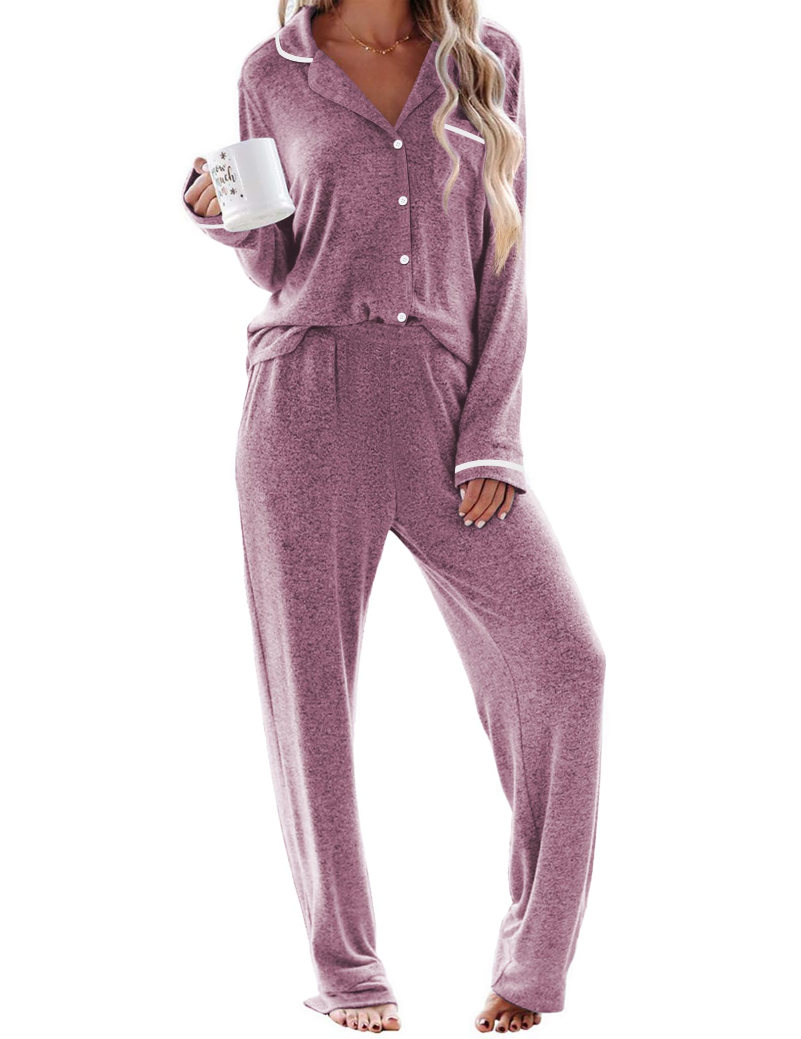 Ekouaer Womens Pajama Sets Long Sleeve Button Down 2 Piece Soft Pjs