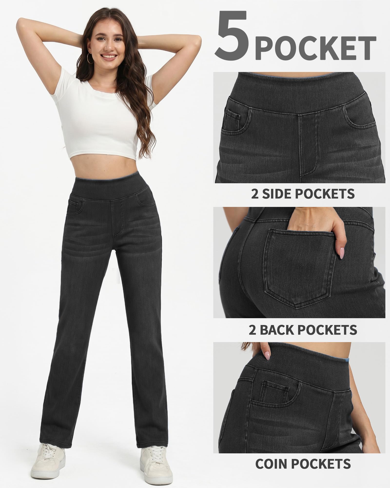 Pull on Straight Leg Jeans for Women Stretchy Sweatpant Jeans Elastic High Waist Tummy Control Trendy Denim Pants