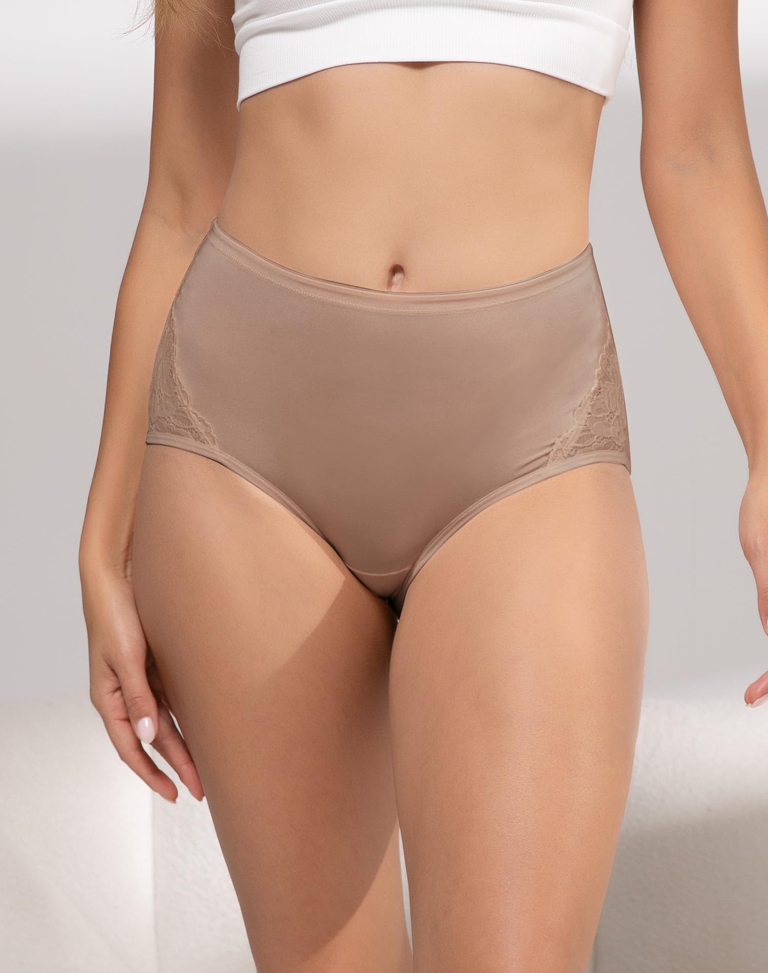 INNERSY Women's Lace Underwear Full Coverage Briefs 4 Pack | High Waisted Panties, Lightweight Stretch Nylon Blend, Quick-dry, Silky-Smooth, Breathable, Soft Cotton Crotch